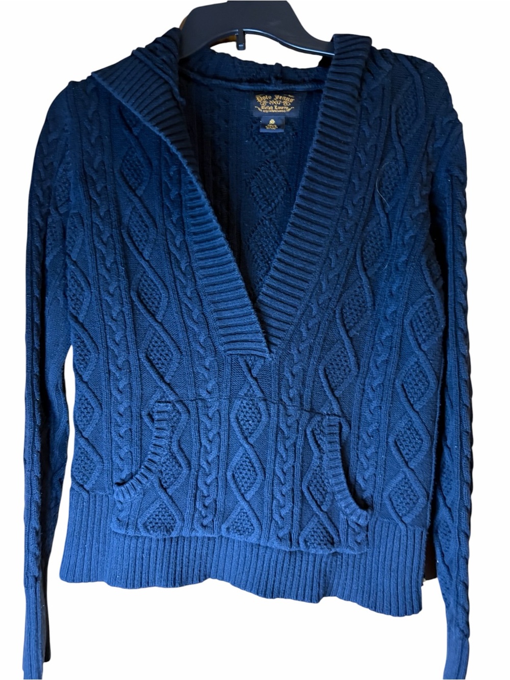 Polo Jeans Co Ralph Lauren Women’s M Cable Knit Hooded Sweater Navy Cotton